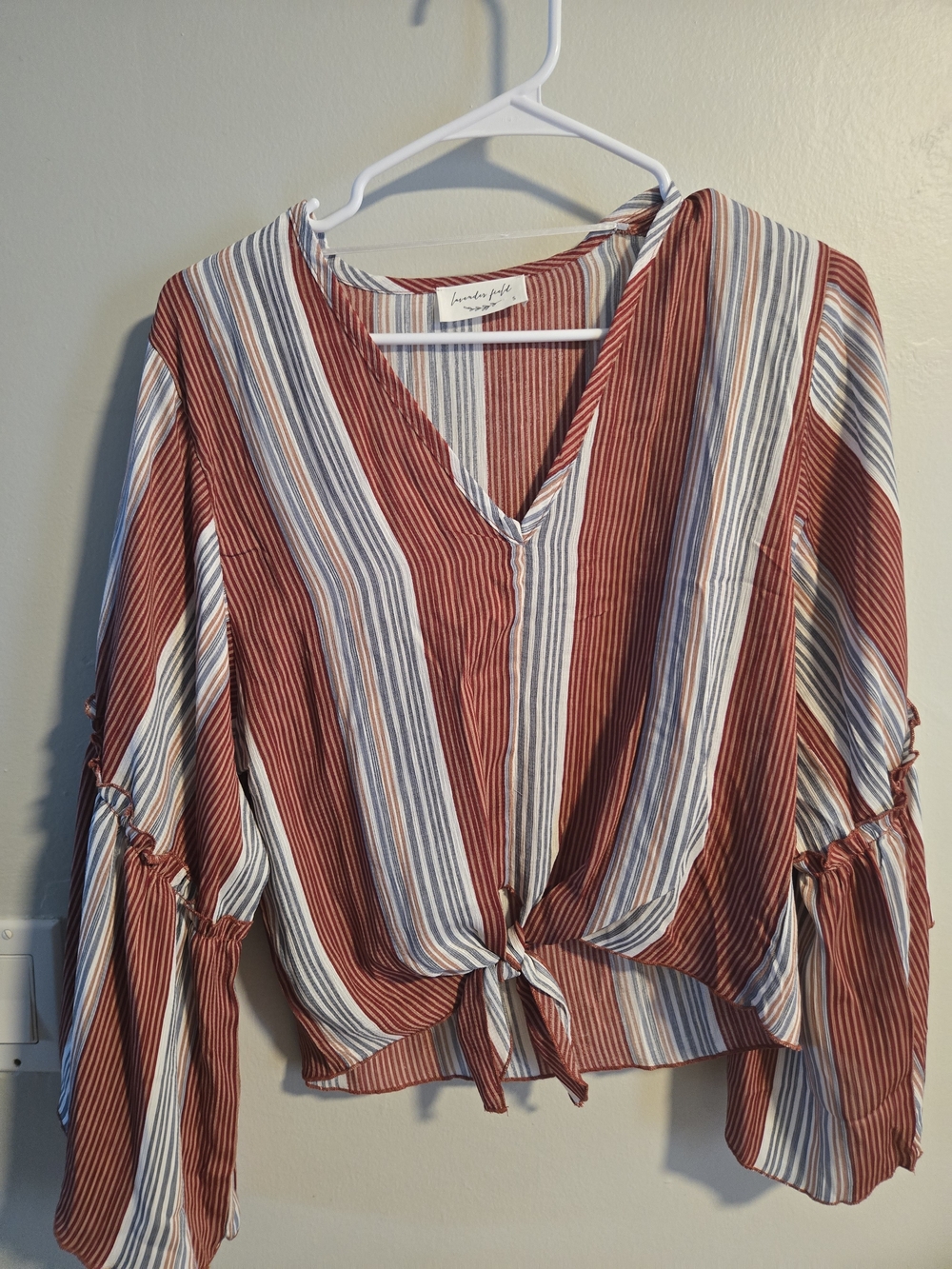 lavender field Rust and Blue Striped Tie-Front Blouse